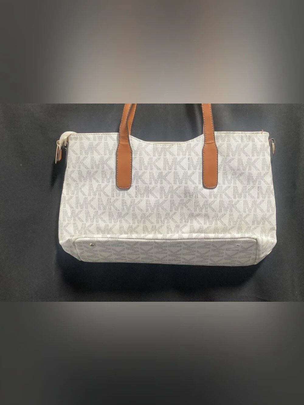 Michael Kors Cream Signature Tote with Matching Pouch and Black Cosmetic Case